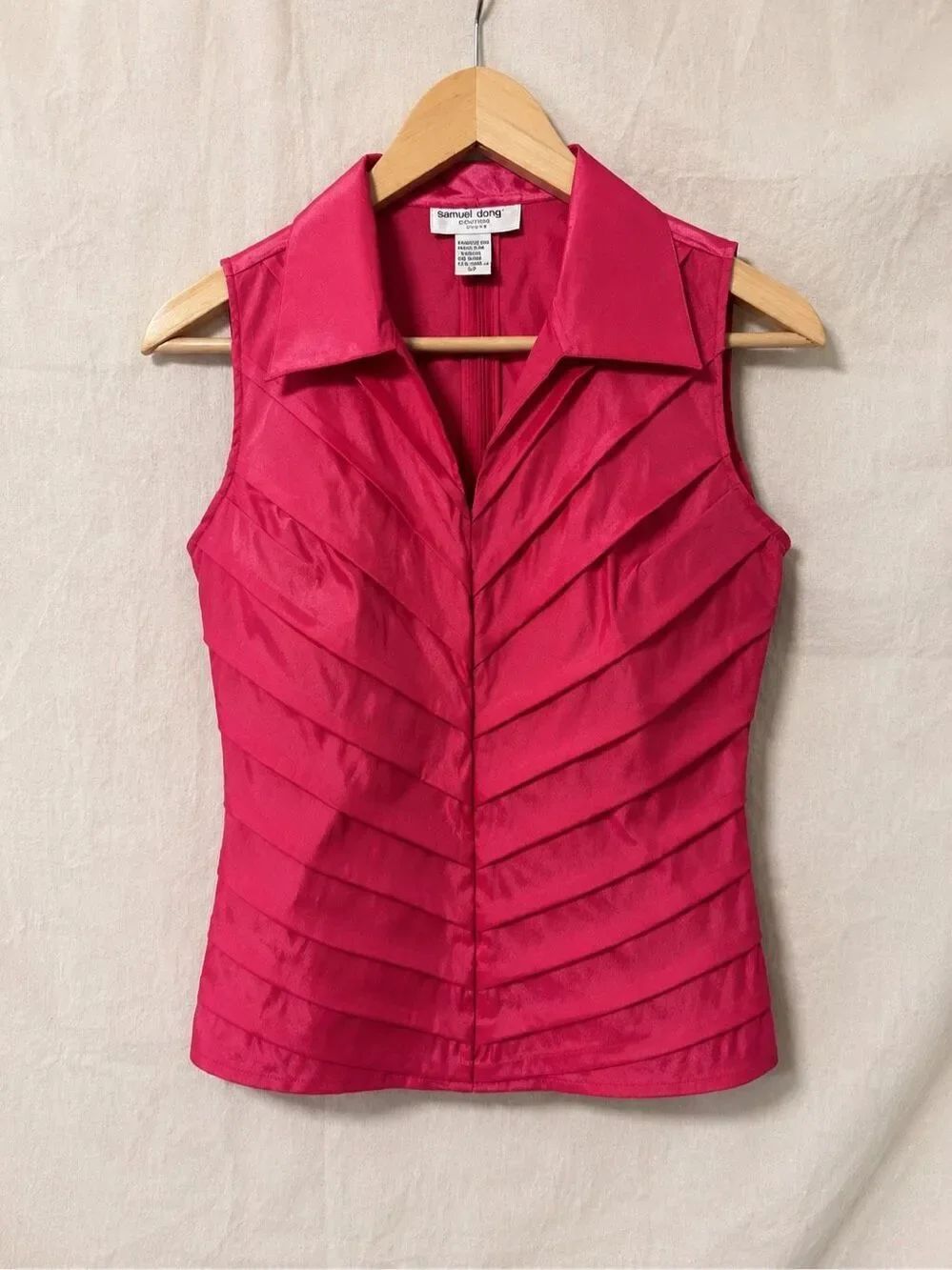 SamuelโDong Evening Pleated Blouse Top Fuchsia Pink Sleeveless Collared Career S